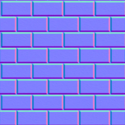 The matching normal map: flat lavender across each brick face, with cyan and pink fringes where the faces drop away into the mortar joints