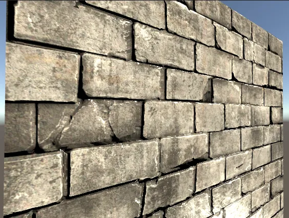 A brick wall rendered with parallax mapping, with mortar grooves that shift correctly as the view angle changes